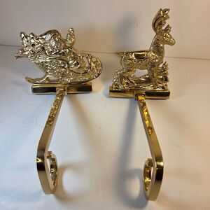 2 Vintage Brass Stocking Holders Reindeer & Santa in Sleigh